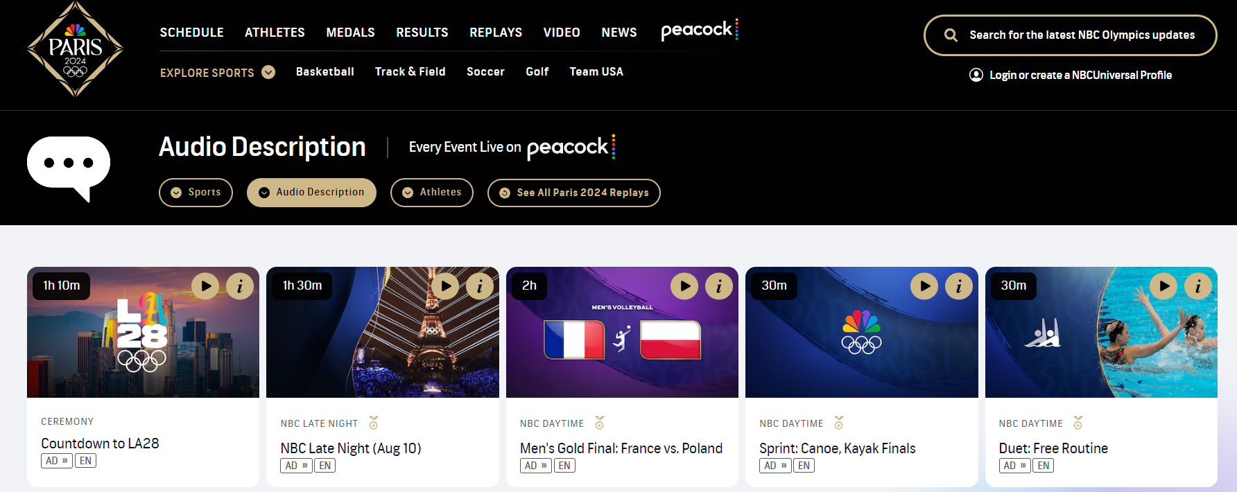 A screenshot of audio visual options and recording of the Olympics on the NBC Universal webpage.